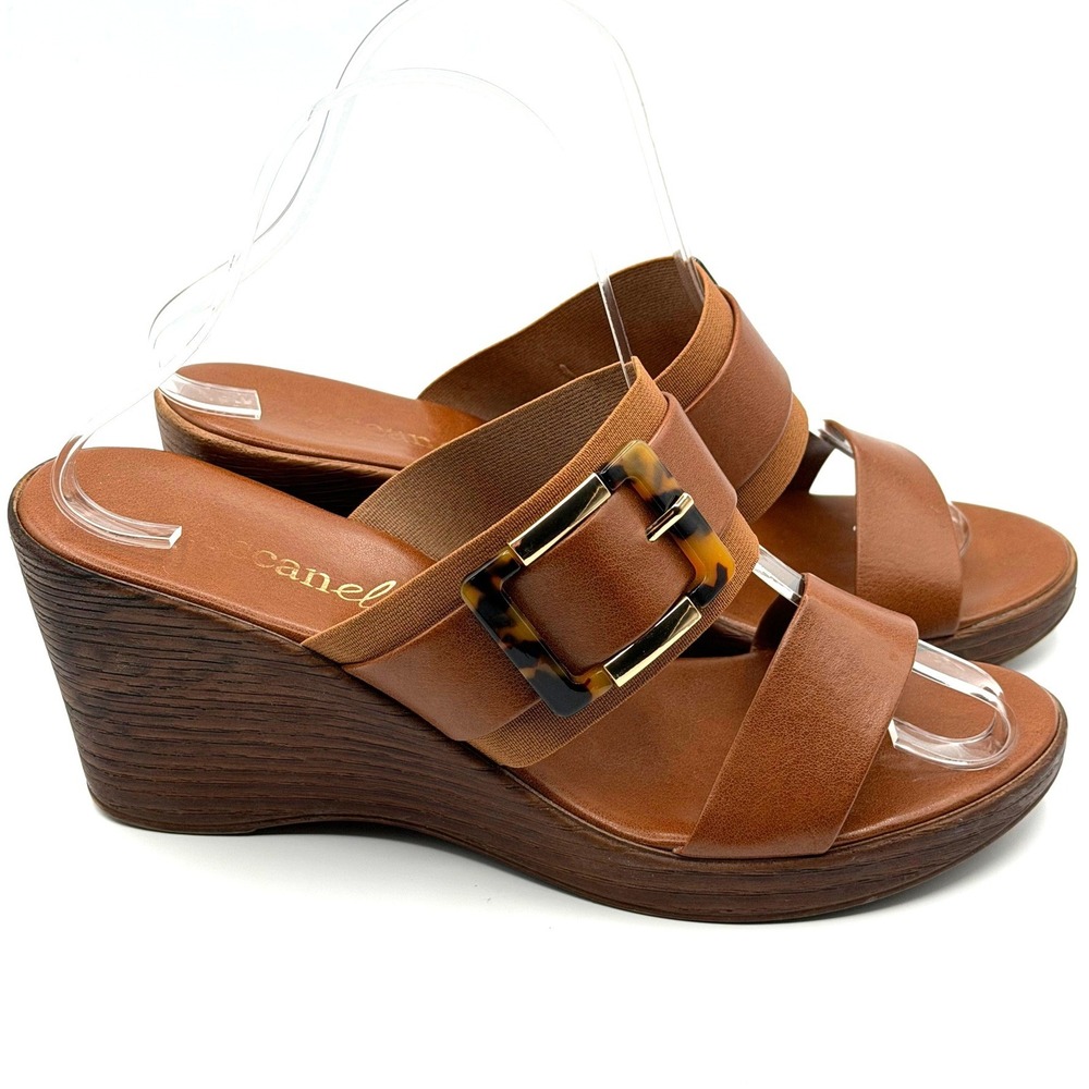 Toscanella Wedge Sandals Womens 9.5 Brown Tortoiseshell Buckle Elastic Strap